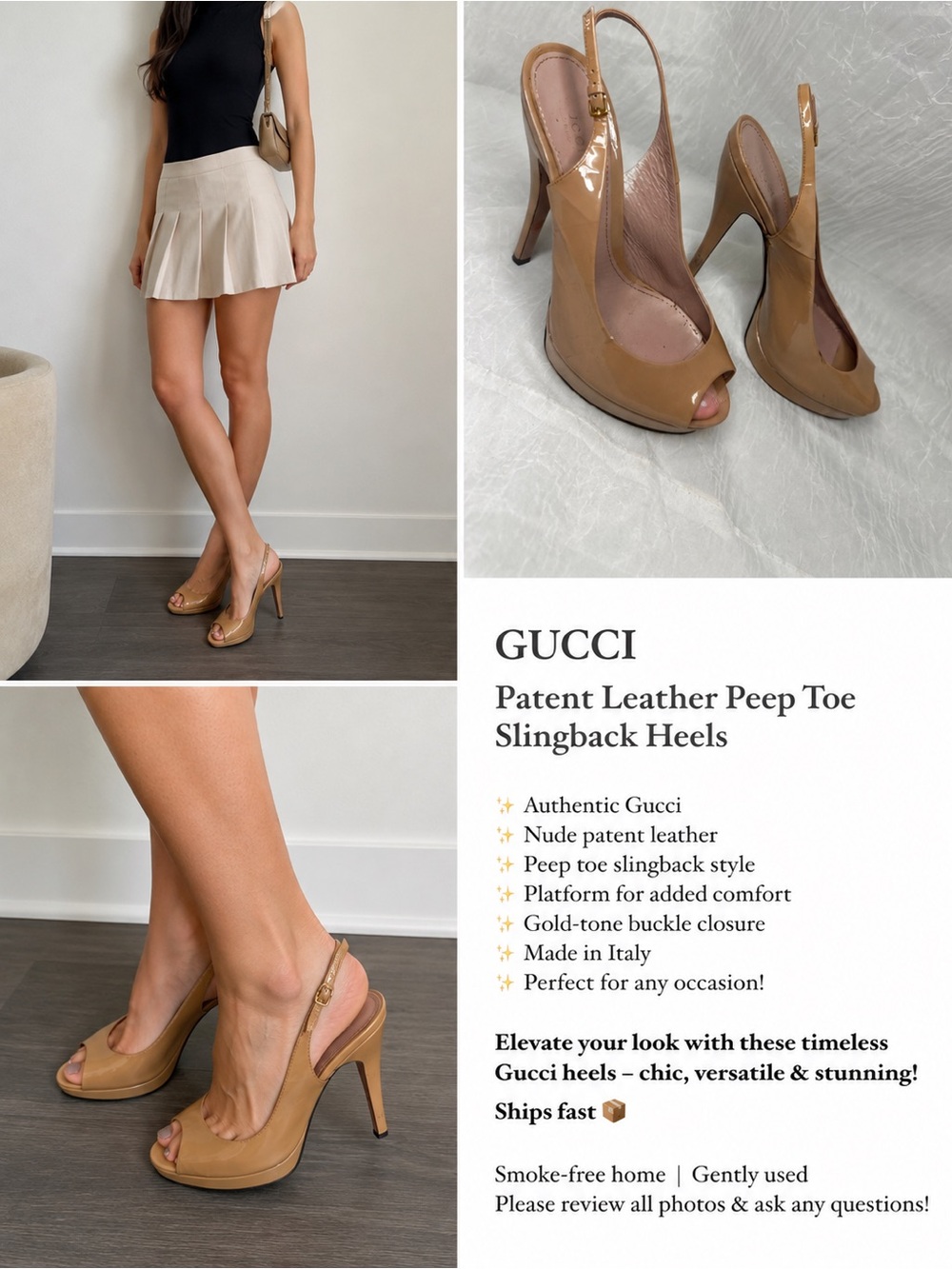 Gucci Nude Patent Leather Peep Toe Slingback Heels with Gold Buckle